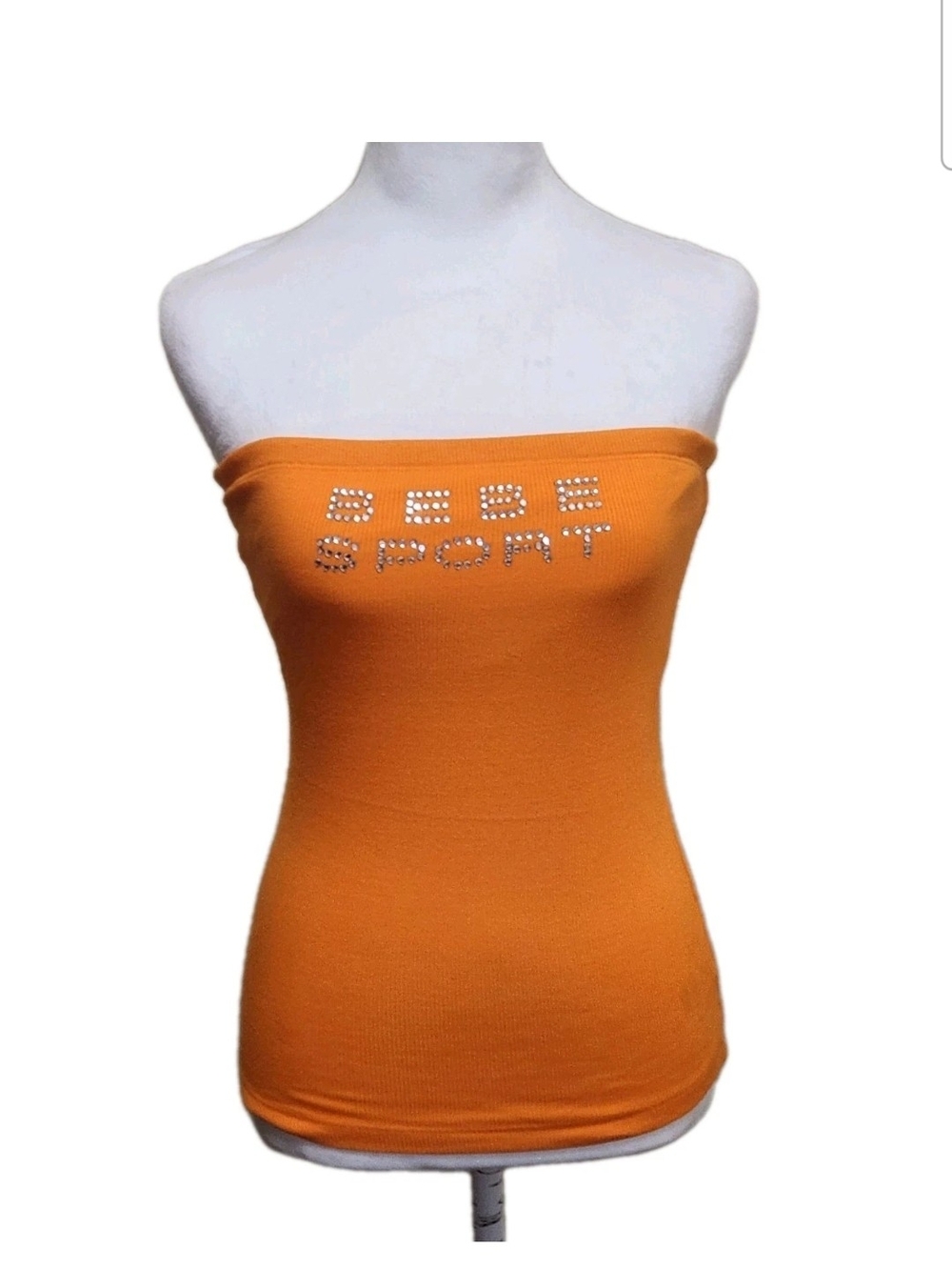 Vtg Y2K Bebe Sport Tube Top L Orange Ribbed Rhinestone Bling NWT USA Deadstock